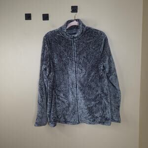 Lands' Down Full Zip Plush Fleece Jacket in Gray Leopard Size L